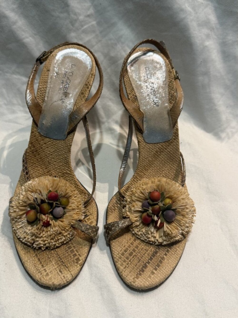 Dolce Gabbana Raffia Python Fruit Slingback Stiletto Sandal Made in Italy EU 39